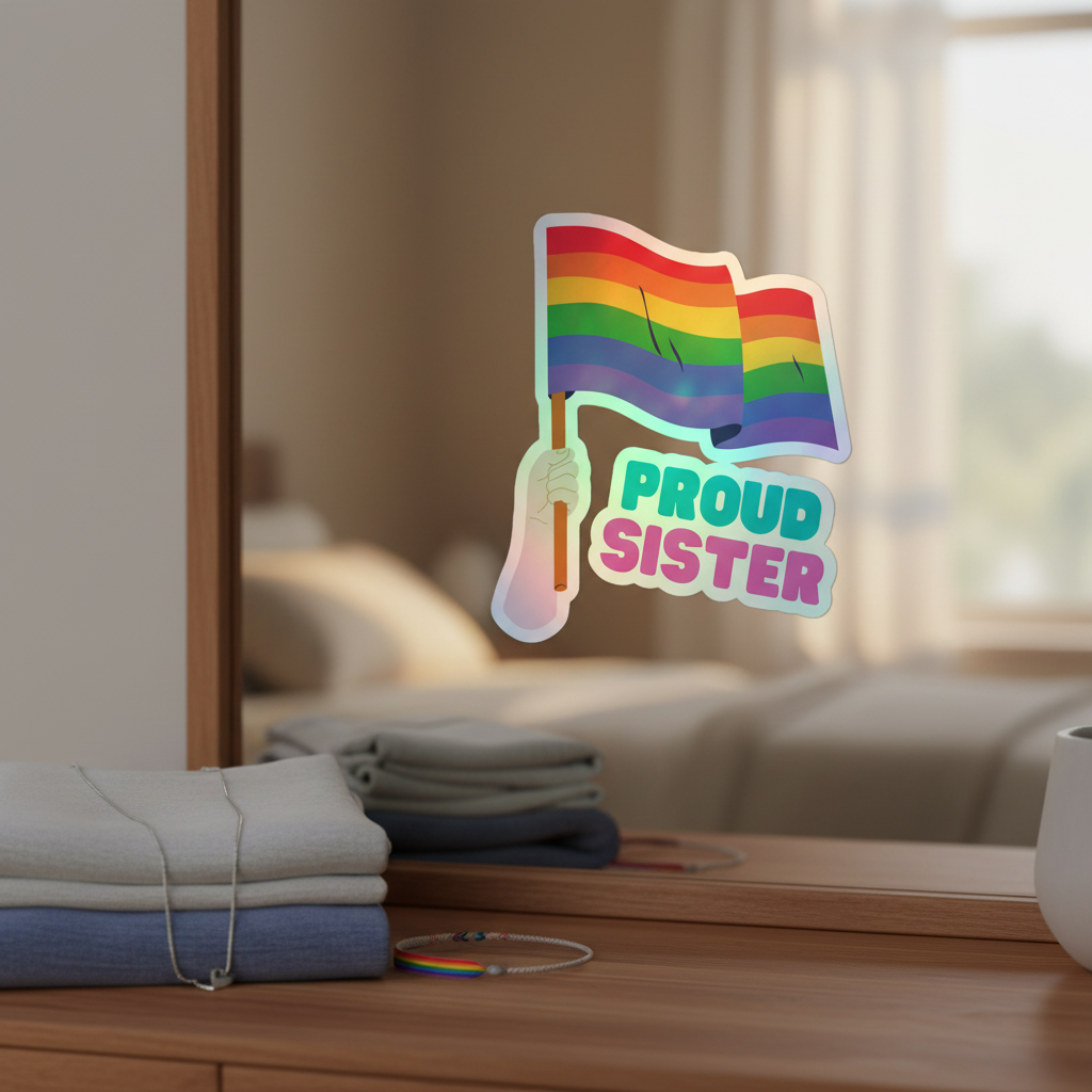 Proud Sister holographic sticker shows a hand with the rainbow pride flag on a mirror; below, folded clothes and a rainbow bracelet.