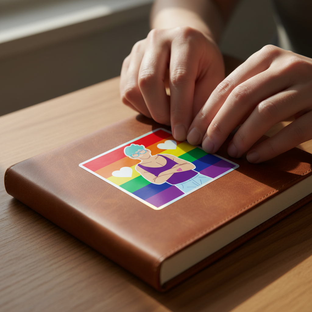 Queer Love holographic sticker with a blue-haired figure, rainbow flag, and white hearts stuck on a brown journal in sunlight.