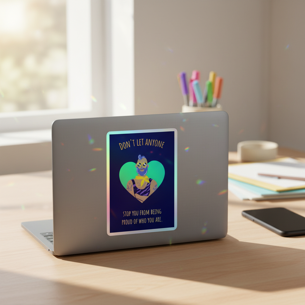 Don't Let Anyone Stop You From Being Proud" holographic sticker with a tattooed figure in a green heart, glowing in sunlit queer pride.