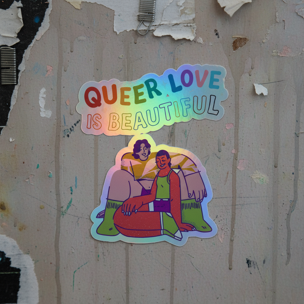 Holographic sticker reads "A Queer Love Is Beautiful" in rainbow text on a grungy wall; two folks of different skin tones cuddle below.