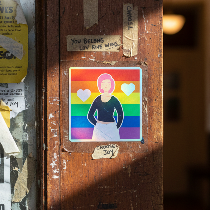 Holographic "Love Is Love Is Love" sticker featuring a pink-haired person, rainbow flag with white hearts, and notes: “YOU BELONG LOVE WINS” and “CHOOSE JOY!”.