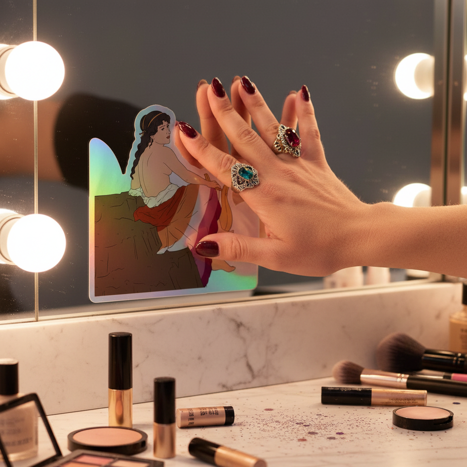 Sappho Of Lesbos holographic sticker featuring a seated woman, pressed onto a lit vanity mirror by a manicured hand with bold rings; makeup sits on the marble counter.