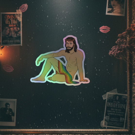Holographic "Sexy Gay Jesus" stickers show a nude, bearded Jesus with a crown of thorns and rainbow, queer and bold for your space.