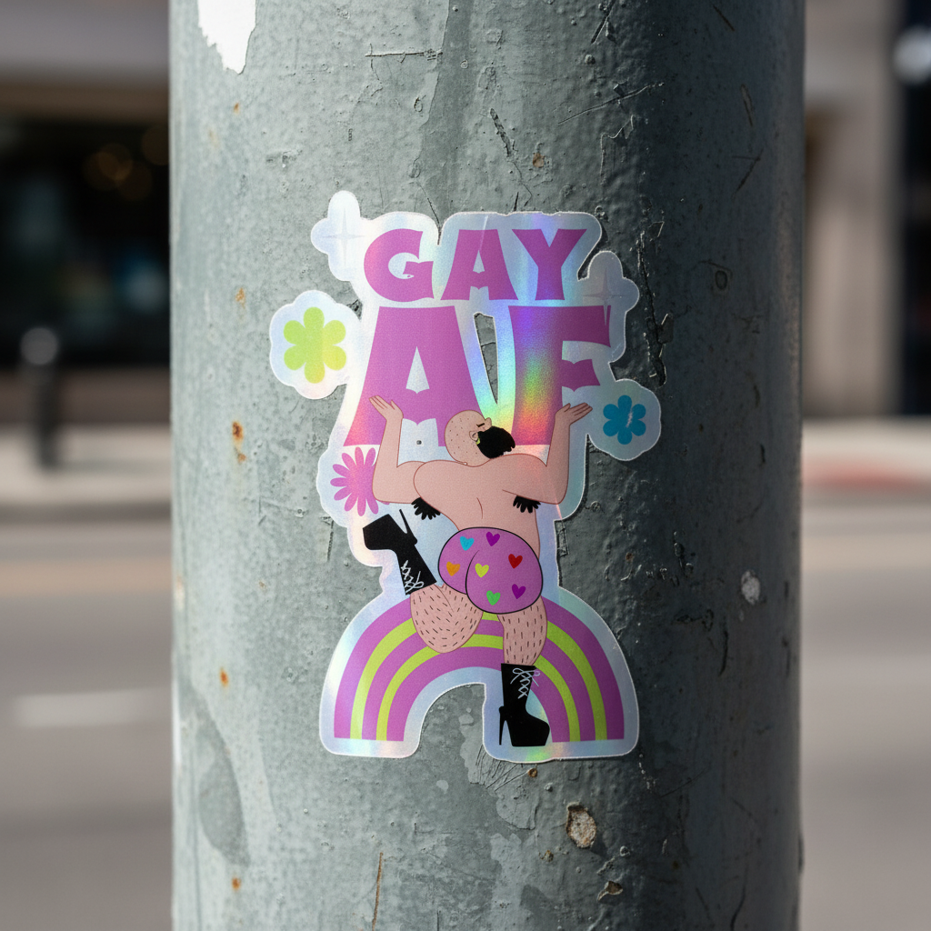 Gay AF Holographic Stickers on a metal pole, featuring rainbow text and a cartoon figure in heart shorts and platform boots, celebrating queer pride with vibrant, unapologetic expression and durable vinyl design.
