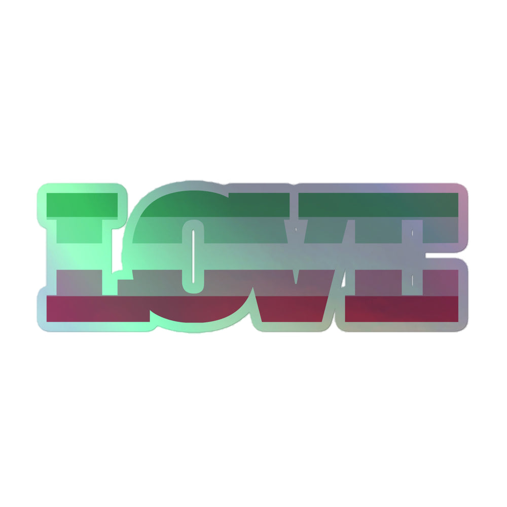 Close-up of an iridescent holographic sticker spelling “ABROSEXUAL” in block letters
