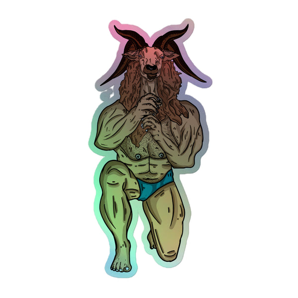 Holographic sticker of a goat-headed humanoid kneeling in blue briefs with hands over its chest
