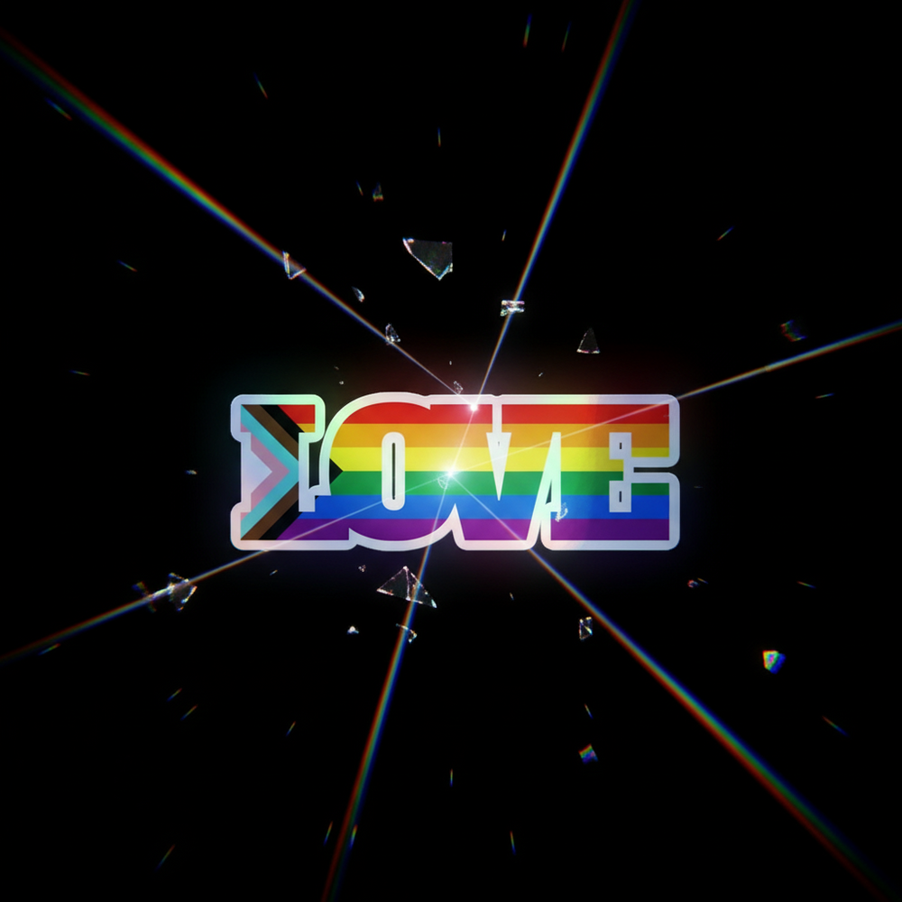 Holographic sticker spelling LOVE in rainbow stripes with a Progress Pride flag arrow