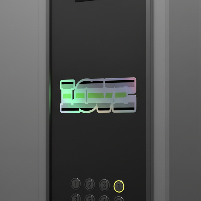 Elevator panel in black with "LOVE" glowing in a futuristic outline, echoing agender pride sticker vibes; yellow-lit round buttons in gray frame.