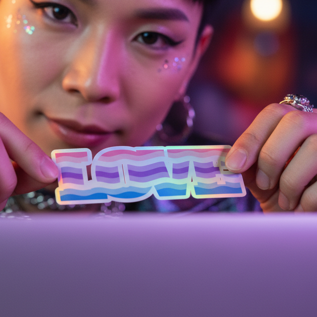 Alternative Genderfluid Love holographic sticker says “LOVE” in pastel rainbow colors, held by a glittery, ring-adorned hand.