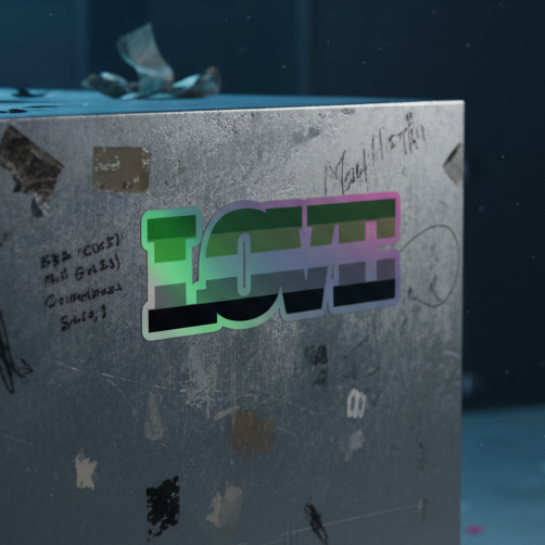 Aromantic Love holographic vinyl stickers in bold rainbow colors pop on a scratched, taped, graffiti-marked metal surface—queer vibes.