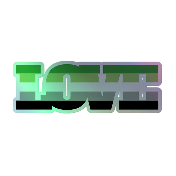 Aromantic Love Holographic Stickers feature a bold ICWE graphic in a green-to-black gradient, embodying queer pride and self-expression with a durable, 3D-patterned, vinyl design for indoor décor.