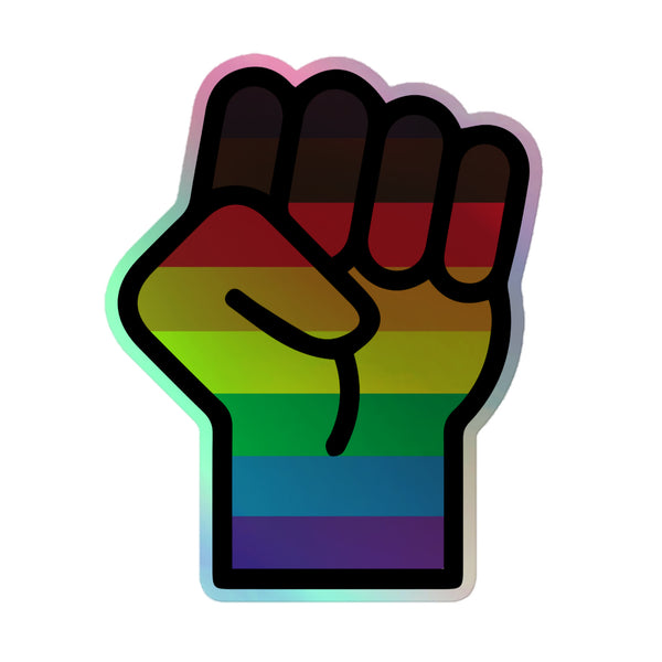 BLM LGBT Resist Holographic Stickers feature a glossy, black-outlined clenched fist filled with rainbow stripes, symbolizing pride and resilience. Crafted from durable vinyl, they celebrate empowerment and self-expression.