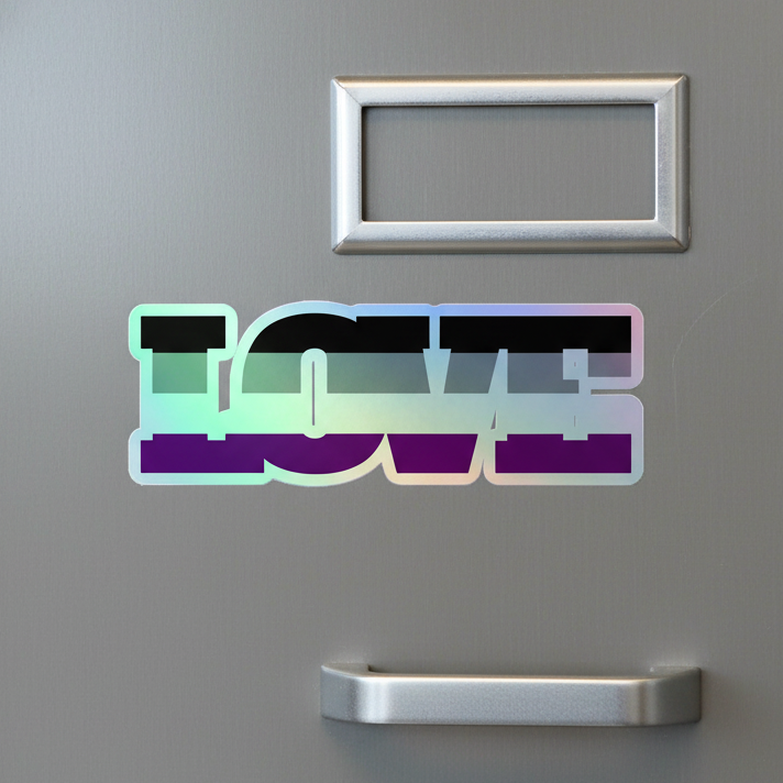 Holographic vinyl sticker reads "LOVE" in bold, ace flag gradient—queer locker flair shining above the mail slot and handle.