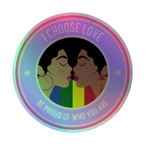 Be Proud Of Who You Are Holographic Stickers showcase vibrant rainbow themes with two stylized faces, celebrating LGBTQ+ pride. Durable vinyl ensures lasting application, embodying self-expression and inclusivity.