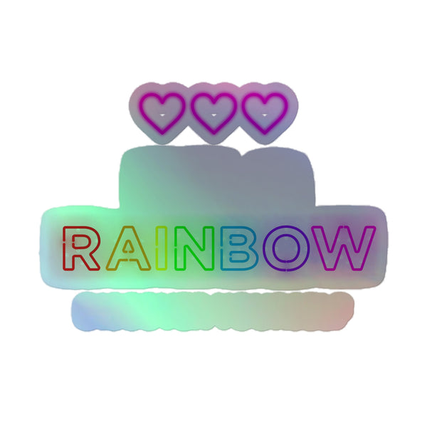 Be Yourself Holographic Stickers feature vibrant hearts, rainbow letters, and pastel clouds in a sticker design celebrating queer pride, empowerment, and self-expression with durable vinyl for indoor use.