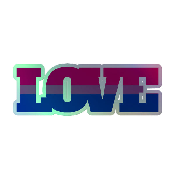 Bisexual Love Holographic Stickers featuring 'LOVE' in bold, block letters with bisexual-pride flag colors, embodying vibrant, queer self-expression. Perfect for indoor surfaces, showcasing pride and inclusion.