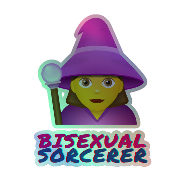 Bisexual Sorcerer Holographic Stickers feature a yellow-faced sorcerer in purple attire, holding a staff. The bold letters BISEXUAL SORCERER enhance this vibrant, queer pride vinyl decal, perfect for self-expression.