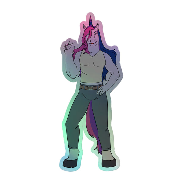 Anthropomorphic unicorn character sticker with a muscular build, dressed in casual attire. Featuring a vibrant pink and blue mane, it's a bold expression of queer pride from Bisexual Unicorn Holographic Stickers.