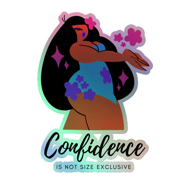 Body Confidence Holographic Stickers: Stylized illustration of a confident, curvy woman in a blue outfit with purple flower and sparkle motifs, embodying body positivity and queer pride.