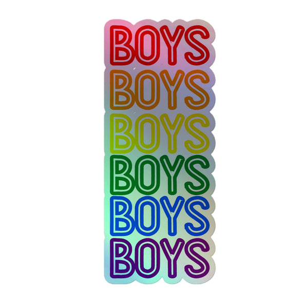 Boys Boys Boys Holographic Stickers feature 'BOYS' stacked six times, each line in a rainbow hue. Crafted from durable vinyl, these stickers celebrate queer pride and vibrant self-expression.