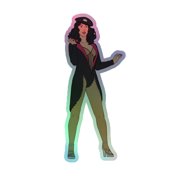 Cher Burlesque Holographic Stickers showcase a dazzling cabaret performer in a corset and jacket, capturing vibrant, empowering queer energy with a rainbow shimmer, perfect for expressing pride and individuality.