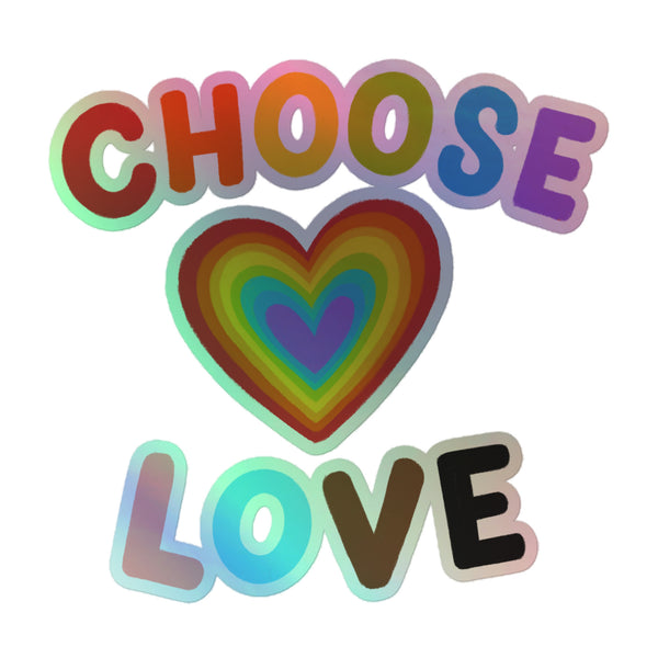 Choose Love Holographic Stickers featuring vibrant rainbow letters and a layered heart, embodying queer pride. Crafted from durable vinyl, these stickers celebrate LGBTQIA+ visibility and empowerment with dazzling, bold designs.
