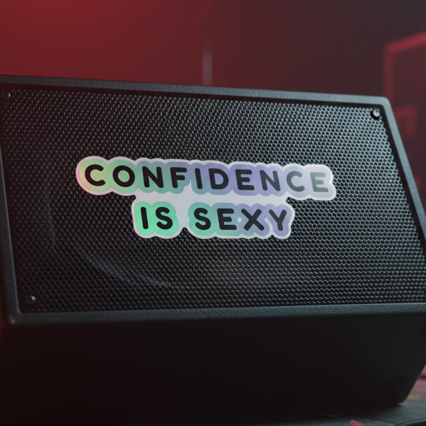 Holographic “CONFIDENCE IS SEXY” sticker in rainbow colors on a black speaker, with a blurred red backdrop serving queer pride energy.