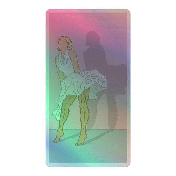 Daddy Monroe Holographic Stickers feature a stylized, hairy-legged Marilyn Monroe pose, capturing vibrant queer pride in shimmering, embossed vinyl, ideal for expressing bold, sexy self-expression and inclusivity.