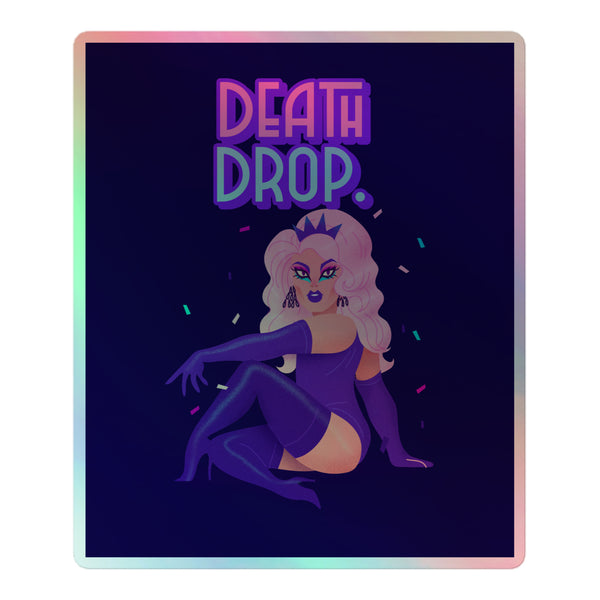Death Drop Holographic Stickers feature a vibrant illustration of a dynamic drag performer in a seated death drop pose, showcasing queer pride with neon tones and intricate 3D patterns, perfect for self-expression.