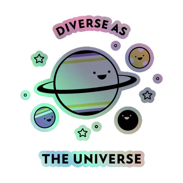 Diverse As The Universe Holographic Stickers feature playful, smiley planets and stars, celebrating diversity with vibrant rainbow holography. These empowering decals symbolize queer pride and self-expression, ideal for personalizing surfaces.