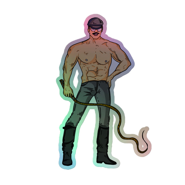 Dominant Daddy Holographic Stickers feature a muscular cartoon man in leather and sunglasses, radiating bold queer pride with an electrifying rainbow shimmer. Celebrate identity with these durable, bubble-free vinyl decals.