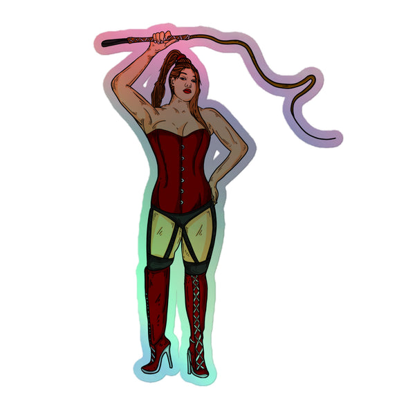 Dominatrix Holographic Stickers: Illustrated woman in a dominatrix outfit with a whip, celebrating bold queer expression. These vibrant stickers reflect inclusivity, pride, and self-expression with their dynamic 3D pattern.