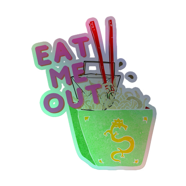 Stylized illustration of Eat Me Out Holographic Stickers featuring a vibrant green take-out box with noodles and chopsticks, embodying bold queer pride and self-expression with a rainbow shimmer.