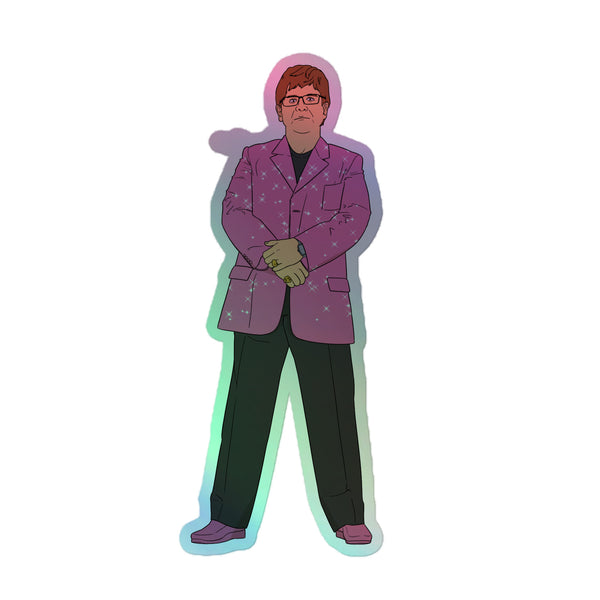 Elton John Holographic Stickers feature a stylized illustration of a male-presenting figure in a sparkly purple blazer, embodying vibrant queer pride and self-expression.
