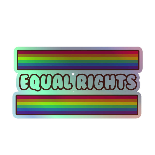 Equal Rights Holographic Stickers feature bold bubble-style lettering and rainbow stripes, embodying vibrant queer pride and self-expression. Perfect for showcasing LGBTQIA+ solidarity with a durable, eye-catching holographic design.