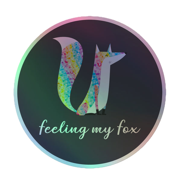 Feeling My Fox Holographic Sticker showcases a stylized fox in pastel hues with cursive text, radiating pride and self-expression in a vibrant, queer-empowered design.