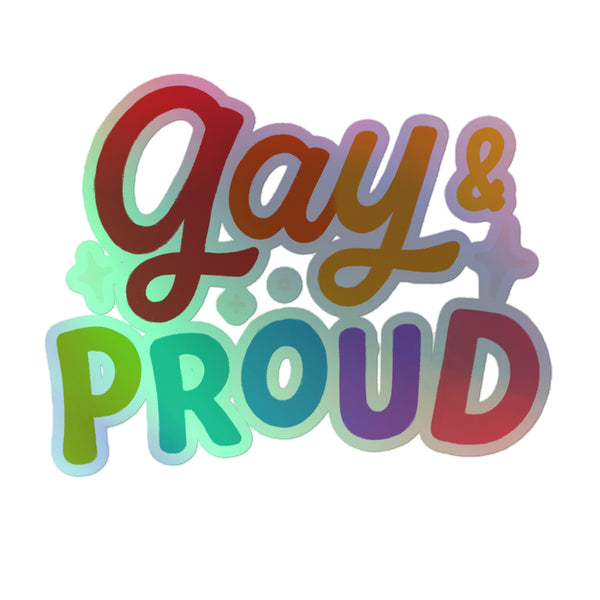 Gay & Proud Holographic Stickers feature a vibrant rainbow-gradient design with playful bold font and sparkles, embodying queer pride and self-expression. Crafted from durable vinyl for seamless application.