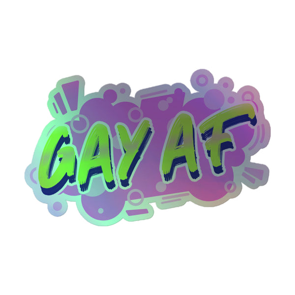 Gay AF Holographic Stickers feature bold, brush-stroke lettering in vibrant colors on an abstract background, embodying queer pride and self-expression with a durable, eye-catching design for indoor surfaces.