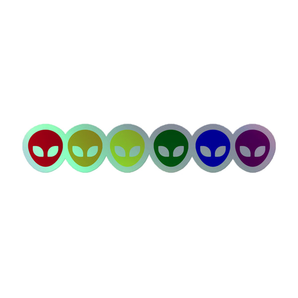 Seven circular Gay Alien Holographic Stickers in a rainbow gradient, featuring stylized alien heads, reflect LGBTQIA+ pride and self-expression, crafted from durable vinyl for a vibrant, empowering display.
