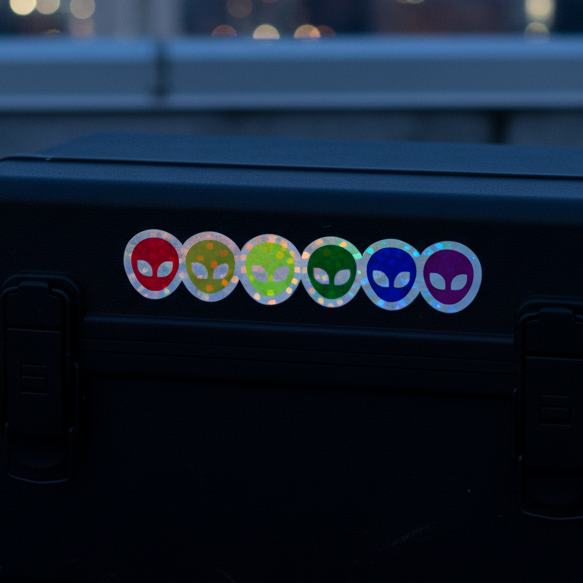 Gay Alien holographic stickers—six bold, rainbow-hued alien heads—queer up a black case outdoors with city skyline vibes.