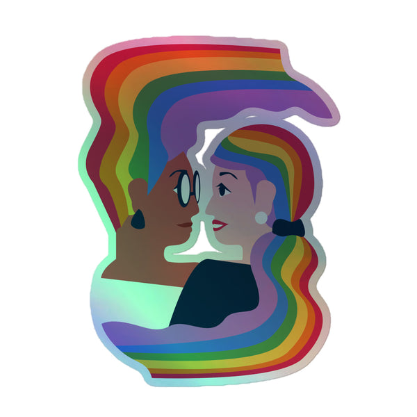 Gay Cowboy Holographic Stickers feature a vibrant, rainbow-striped illustration of two figures in profile, symbolizing queer pride and visibility. Made from durable vinyl, these stickers celebrate LGBTQIA+ identity with shimmering, bold self-expression.