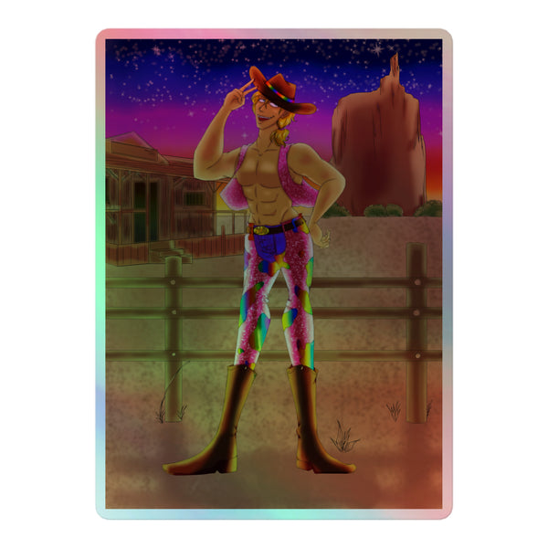 Gay Cowboy at Sunset Holographic Stickers feature a shirtless cowboy with a sparkly vest, rainbow-patterned chaps, and a wide-brimmed hat, embodying vibrant queer self-expression and empowerment.