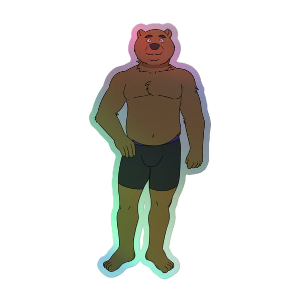 Cartoon-style anthropomorphic bear in black boxer-briefs with a rainbow glow, featured on Gay Cub Holographic Stickers, celebrating vibrant queer pride and self-expression with durable, hot-embossed vinyl for indoor use.