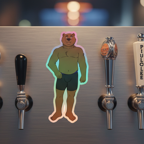Gay Cub holographic sticker with a buff bear in black shorts pops on a shiny beer tap, surrounded by blurred warm bar lights.