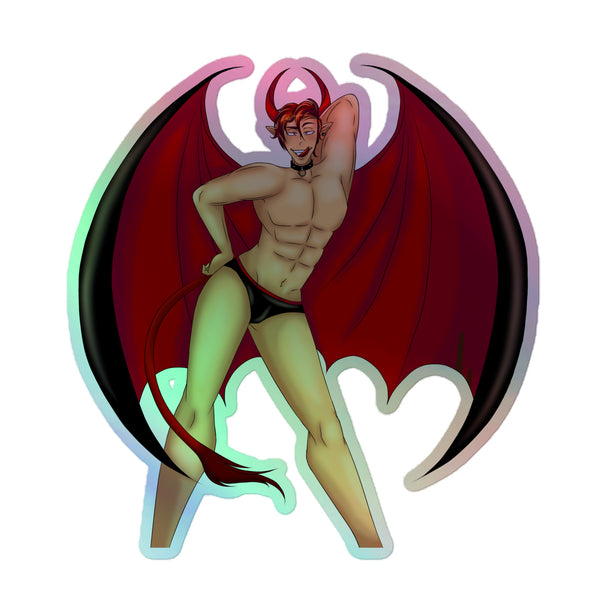 Gay Devil Holographic Stickers feature a shirtless incubus with red horns, bat wings, and black briefs, embodying bold queer pride and self-expression, perfect for vibrant, durable decoration.