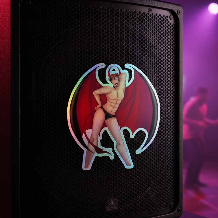 Gay Devil Holographic Sticker shows a bold, muscular, horned devil with wings on a black speaker, glowing in purple party lights.