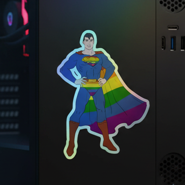 Holographic vinyl sticker with a superhero in a rainbow cape and costume, repping LGBTQ+ pride for queer identity and rainbow sticker fans.