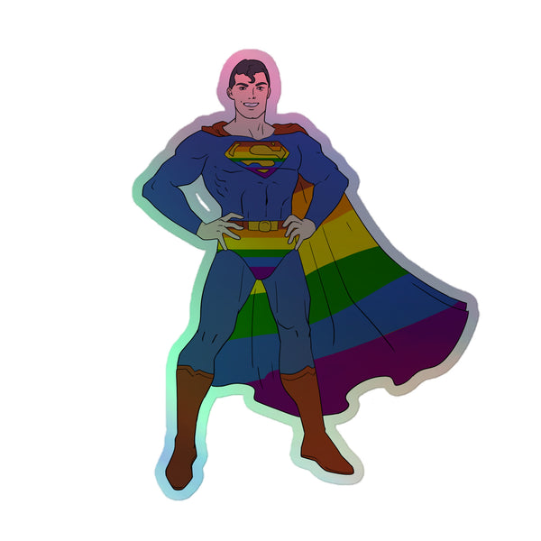 Gay Geek Holographic Stickers feature a superhero in rainbow-striped Pride colors, hands on hips, with a rainbow S emblem and cape, embodying vibrant self-expression and queer empowerment.