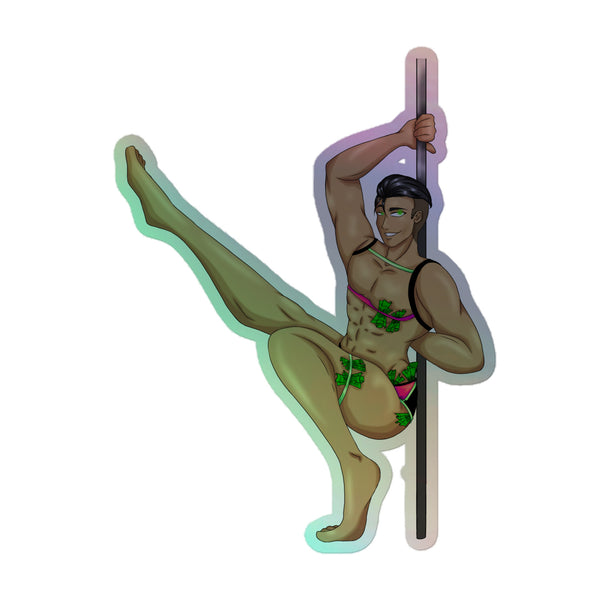 Vibrant Gay Gogo Dancer Holographic Stickers featuring a muscular man pole-dancing in a pink harness with dollar bills, embodying queer pride, athleticism, and playful empowerment. Perfect for expressing individuality and LGBTQIA+ visibility.