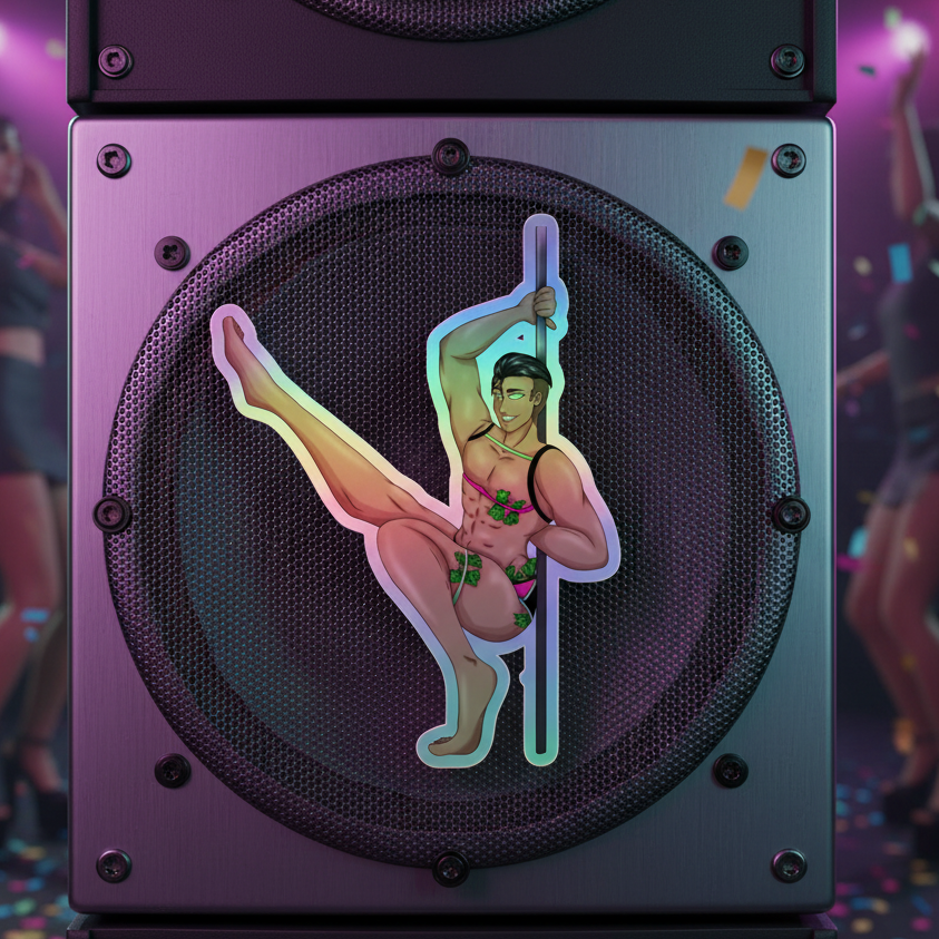 A black speaker decked with a holographic sticker of a rainbow-wearing go-go boy pole dancing, surrounded by flowers and queer party vibes.